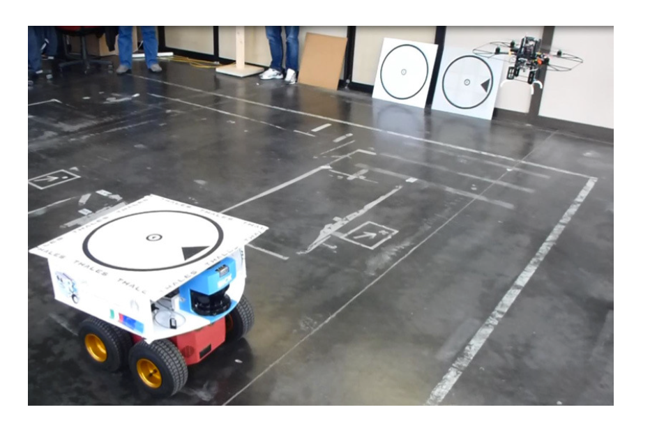 Indoor autonomous navigation of a UAV and UGV.